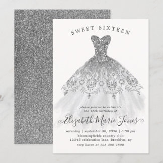 Silver Gray Glitzer Glam Dress Sweet 16. Geburtsta Einladung