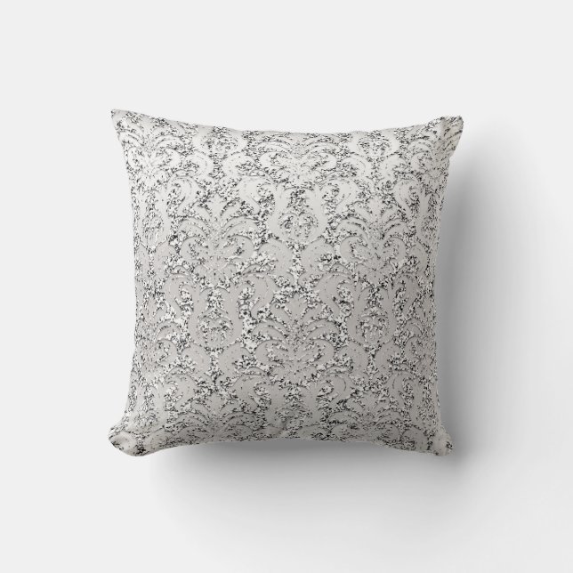 Silver Gray Glitzer Metallic Damask Royal Kissen (Vorderseite)