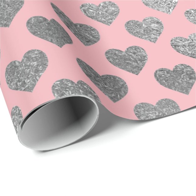 Silver Gray Glitzer Metallic Pink Blush Hearts Geschenkpapier (Rolleneckpunkt)
