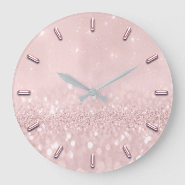 Silver Gray Glitzer Minimal Rosa Rose Blush Girly Große Wanduhr (Vorderseite)