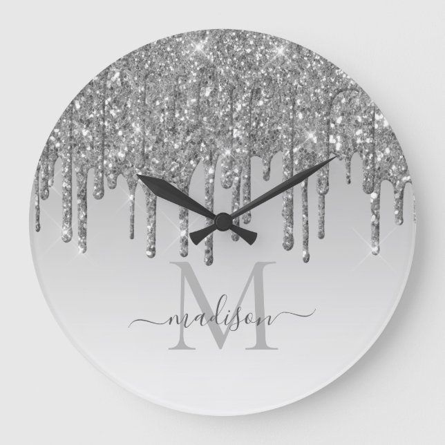 Silver Gray Glitzer Sparkle Glam Drilling Monogram Große Wanduhr (Vorderseite)