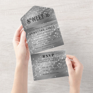 Silver Gray Glitzer Sparkle Modernes Sweet 16 All In One Einladung