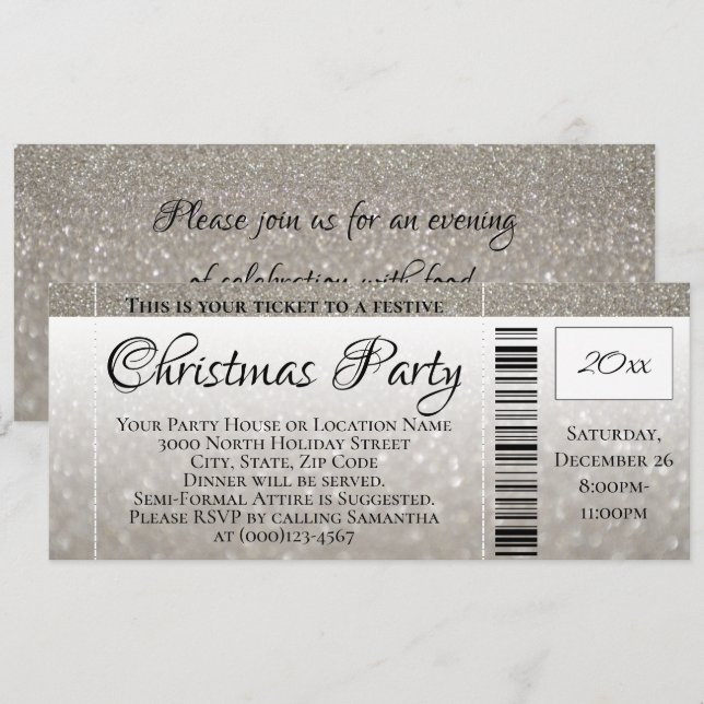 Silver Gray Glitzer Weihnachts Party Ticket Einladung (Vorne/Hinten)
