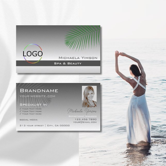 Silver Gray Gradient Palm Leaf Logo und Foto Visitenkarte (Von Creator hochgeladen)