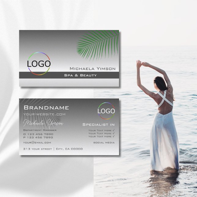Silver Gray Gradient Palm Leaf mit Logo Stilvoll Visitenkarte (Von Creator hochgeladen)