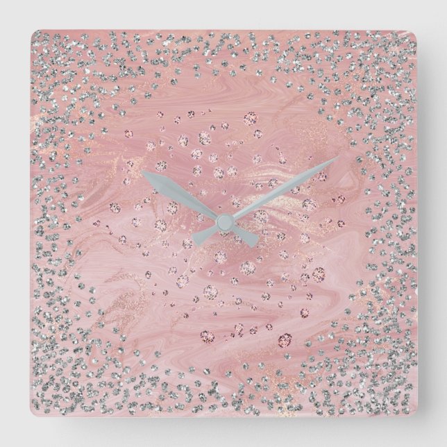 Silver Gray Graphite Diamonds Kristalle Marmor Ros Quadratische Wanduhr (Vorderseite)