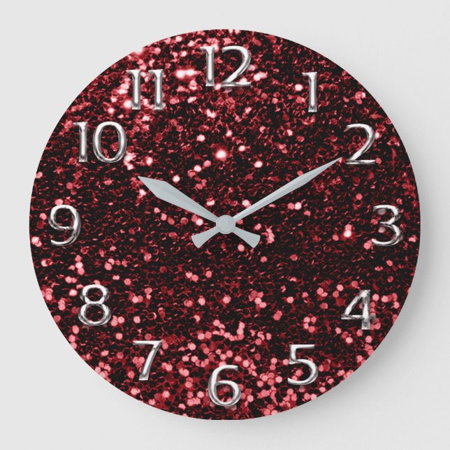 Silver Gray Gray Arabic Numbers Glitzer Burgundy Große Wanduhr (Vorderseite)