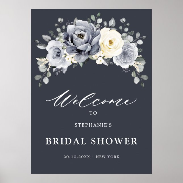 Silver Gray Ivory Floral Brautparty Willkommen Po Poster (Vorne)