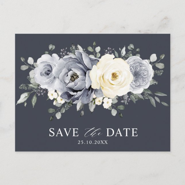 Silver Gray Ivory Floral Winter Boho Save the Date Postkarte (Vorderseite)