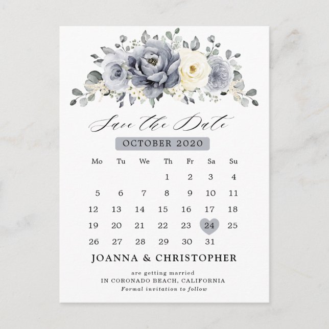 Silver Gray Ivory Floral Winter Boho Save the Date Postkarte (Vorderseite)