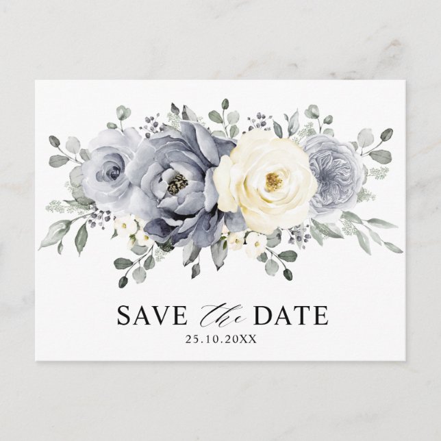 Silver Gray Ivory Floral Winter Boho Save the Date Postkarte (Vorderseite)