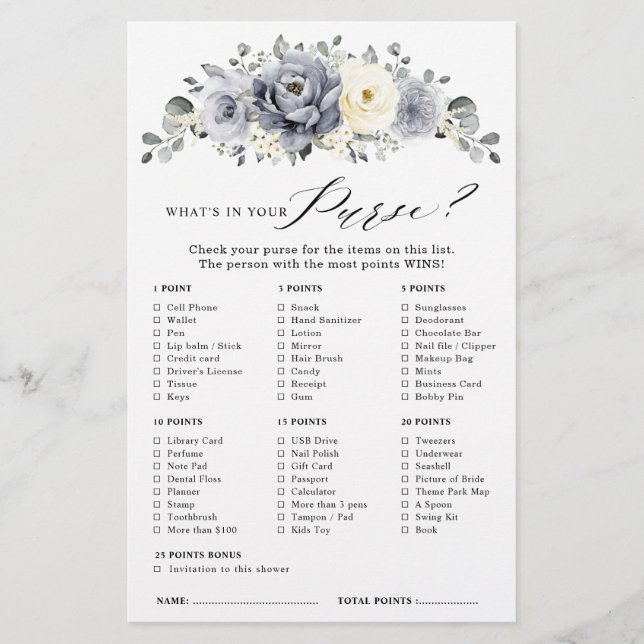 Silver Gray Ivory Floral Winter Brautparty Game (Vorderseite)