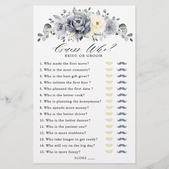 Silver Gray Ivory Floral Winter Brautparty Game (Vorderseite)
