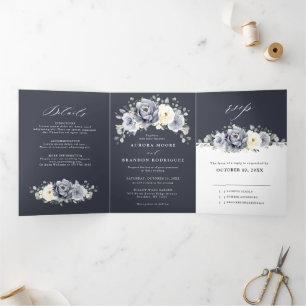 Silver Gray Ivory Floral Winter Rustikale Wedding  Dreifach Gefaltete Ankündigung