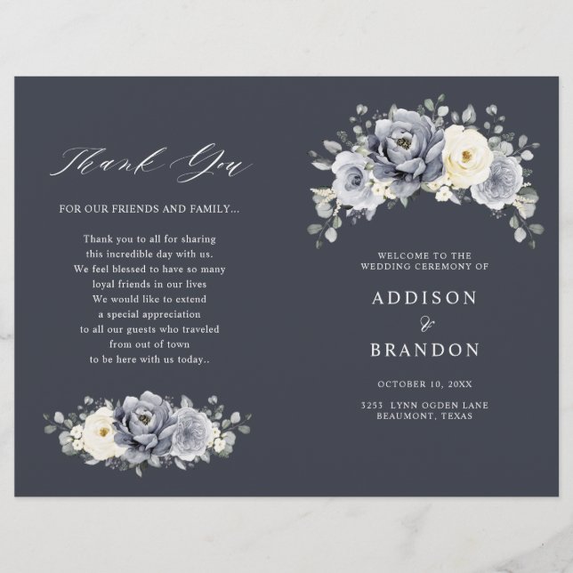 Silver Gray Ivory Floral Winter Wedding Programm (Vorderseite)