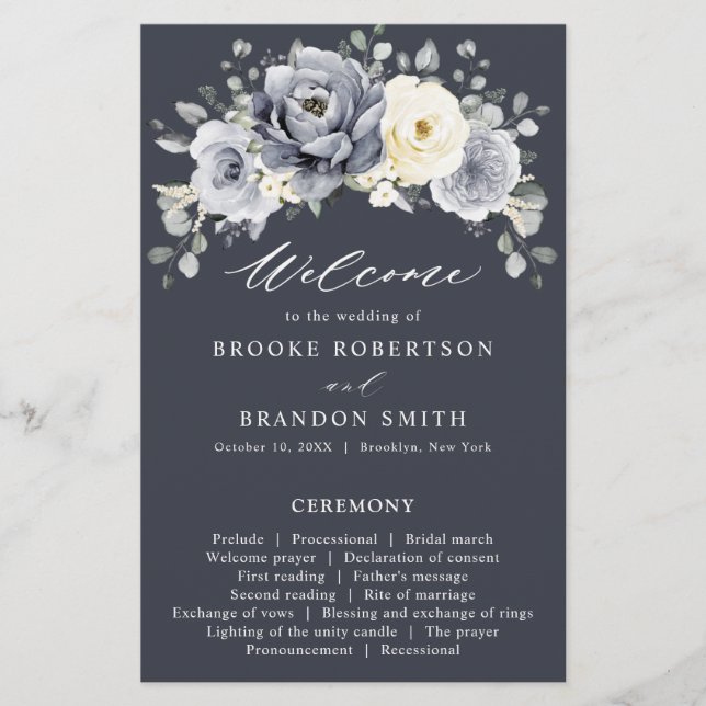 Silver Gray Ivory Floral Winter Wedding Programm (Vorderseite)