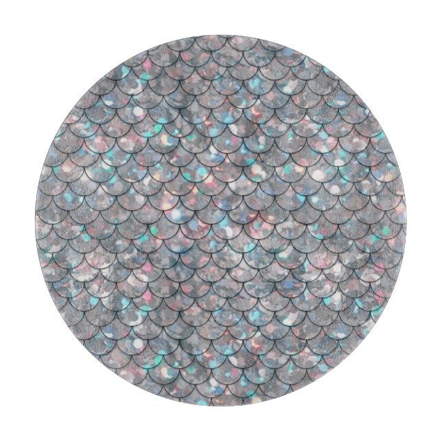 Silver Gray Mermaid Fish Scales Holographic Glass Schneidebrett (Vorderseite)