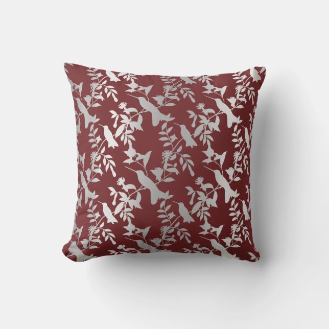 Silver Gray Metallic Floral Humming-birds Burgundy Kissen (Vorderseite)