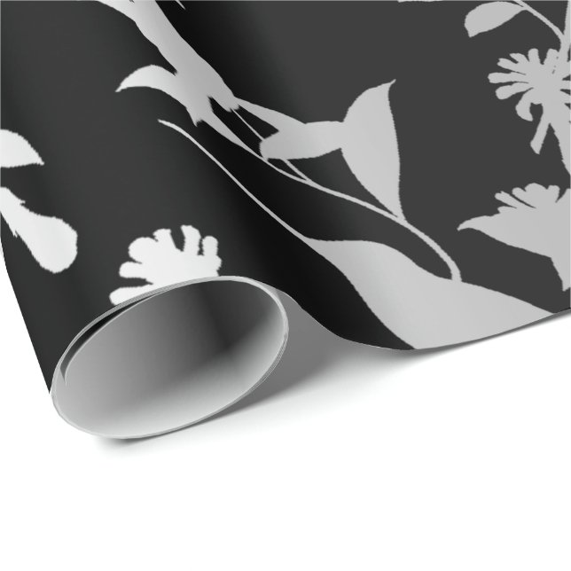 Silver Gray Metallic Hummingbird Blume Black Geschenkpapier (Rolleneckpunkt)