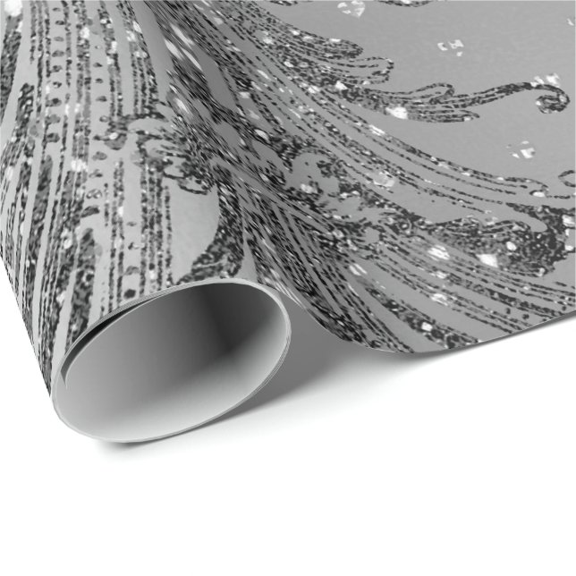 Silver Gray Metalllic Crystal Damask Herz Black Geschenkpapier (Rolleneckpunkt)