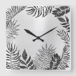 Silver Gray Minimal Black Glitzer Metallic Botanic Quadratische Wanduhr