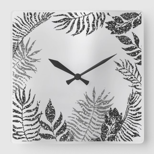 Silver Gray Minimal Black Glitzer Metallic Botanic Quadratische Wanduhr (Vorderseite)