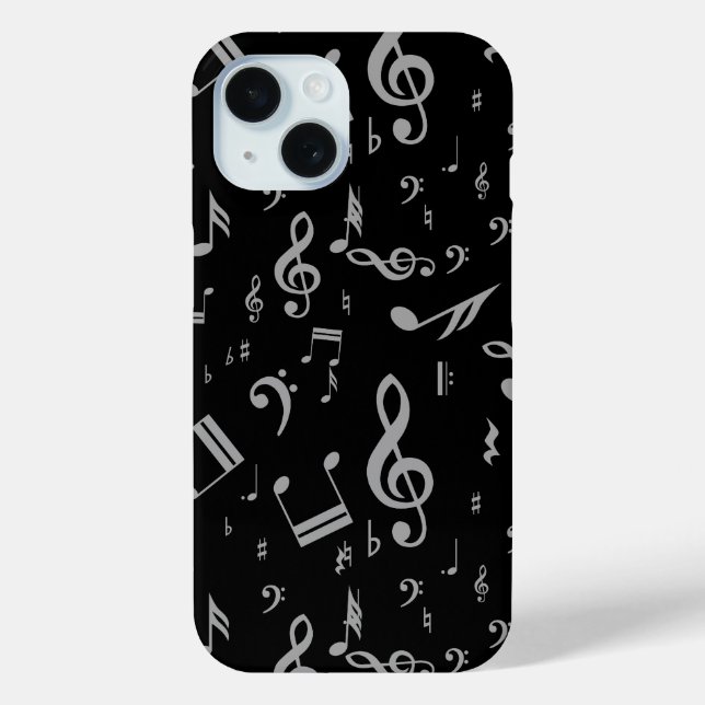 Silver Gray Musical Notes on Black Case-Mate iPhone Hülle (Rückseite)