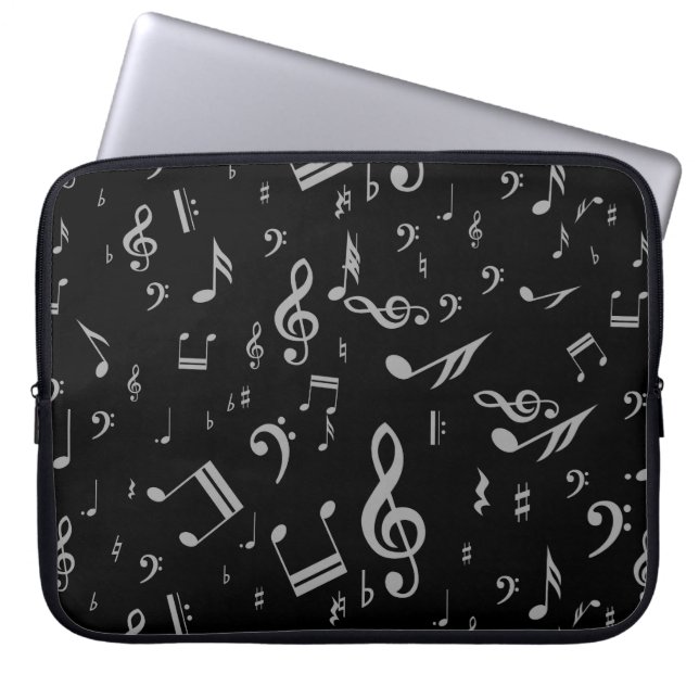 Silver Gray Musical Notes on Black Laptopschutzhülle (Vorderseite)