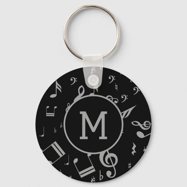 Silver Gray Musical Notes on Black Schlüsselanhänger (Vorderseite)