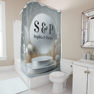 Silver Gray Podium Monogram Modern Script Wedding Duschvorhang