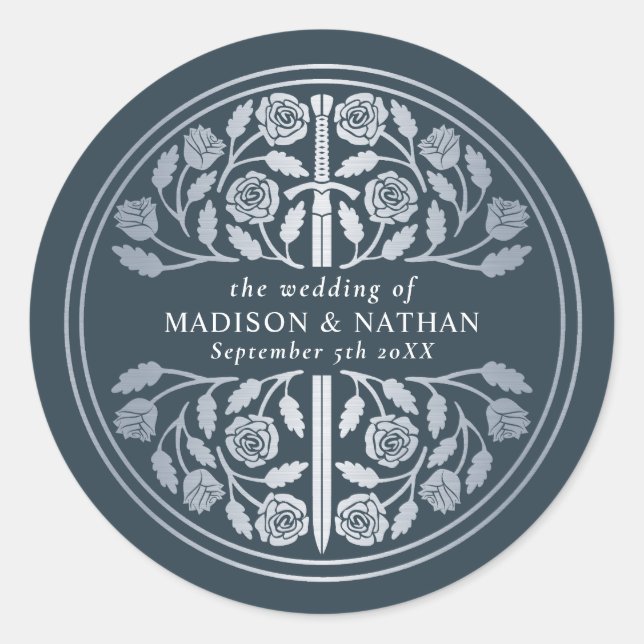 Silver Gray Royal Medieval Sword Wedding  Runder Aufkleber (Vorderseite)