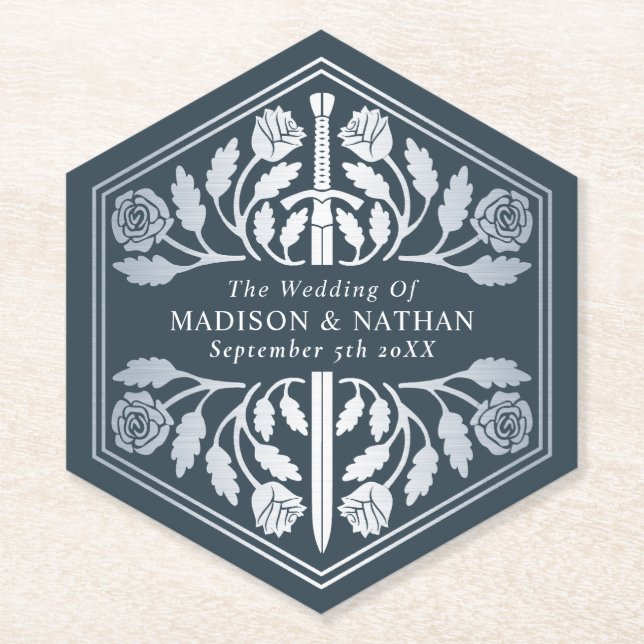 Silver Gray Royal Medieval Sword Wedding Untersetzer (Vorderseite)