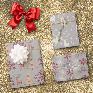 Silver Gray Rustic Woodland Holiday Pattern Geschenkpapier Set