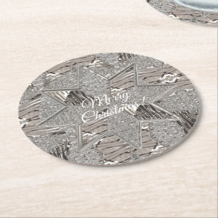 Silver Gray Star Frohe Weihnachten oder Dein Text Runder Pappuntersetzer
