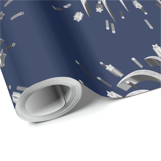 Silver Gray Stars Fireworks Elegante Blauer Weihna Geschenkpapier (Rolleneckpunkt)