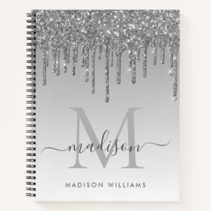 Silver Gray Tropfens Glitzer Sparkle Monogram Scri Notizbuch