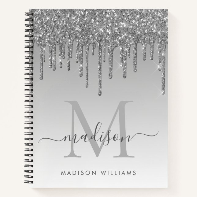 Silver Gray Tropfens Glitzer Sparkle Monogram Scri Notizbuch (Vorderseite)