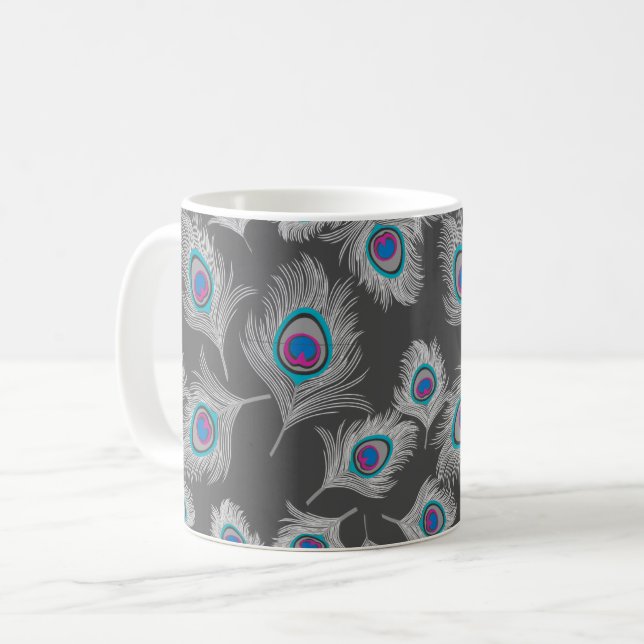 Silver Gray & Turquoise Peacock Feather Kaffeetasse (Vorderseite Links)