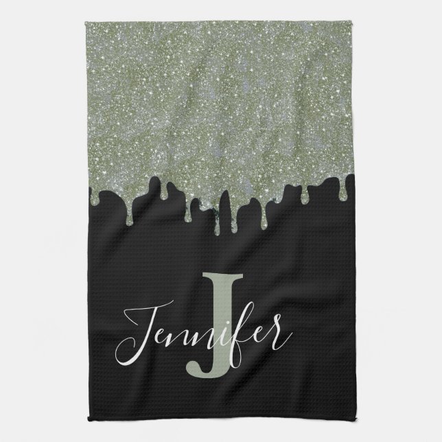 Silver Gray und Black Monogram Glitzer Tropfen Geschirrtuch (Vertikal)