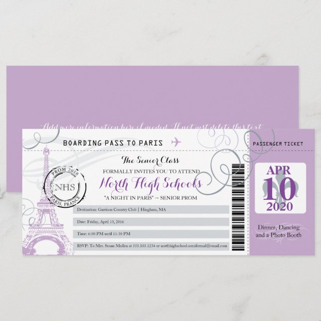 Silver Gray und Lila Night in Paris School Prom Einladung (Vorne/Hinten)