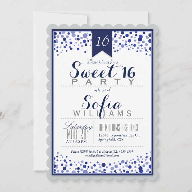 Silver Gray, White, Navy Blue Sweet 16 Party Einladung (Vorderseite)