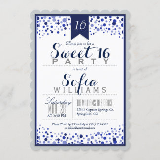 Silver Gray, White, Navy Blue Sweet 16 Party Einladung