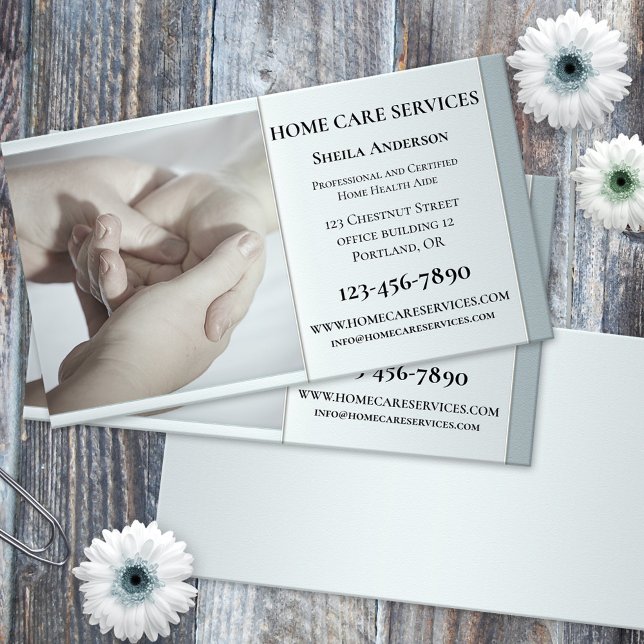 Silver Gray Zuhause Health Aide Business Card Visitenkarte (An elegant business card featuring a silver grey design with an image of healing hands - care giver)