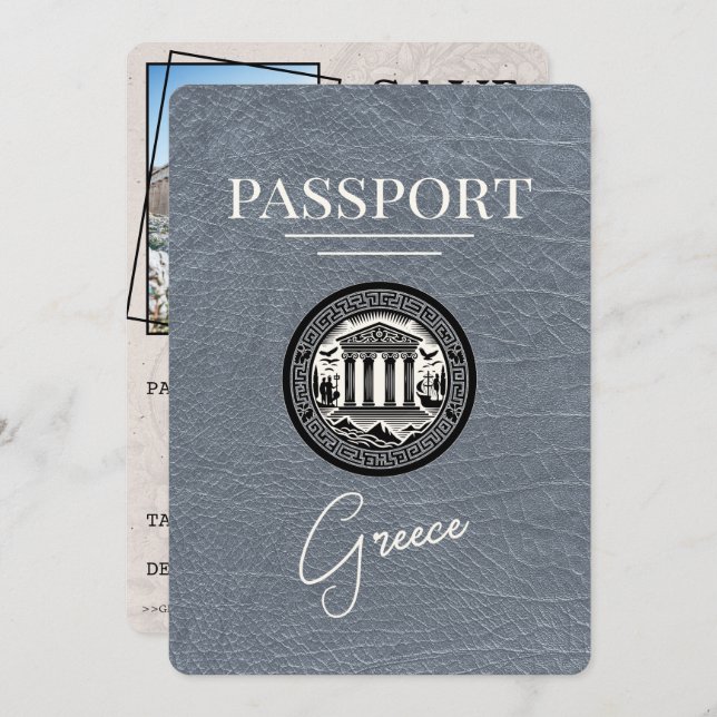 Silver Greece Passport Save the Date Card (Vorne/Hinten)