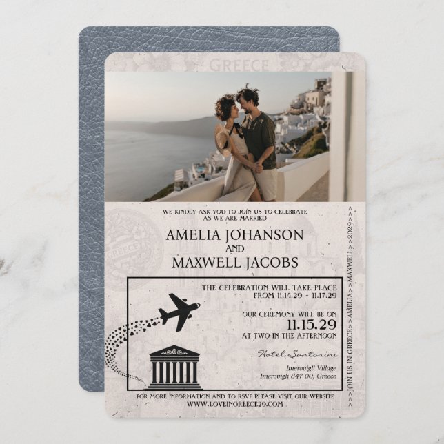 Silver Greece Passport Wedding Einladung (Vorne/Hinten)
