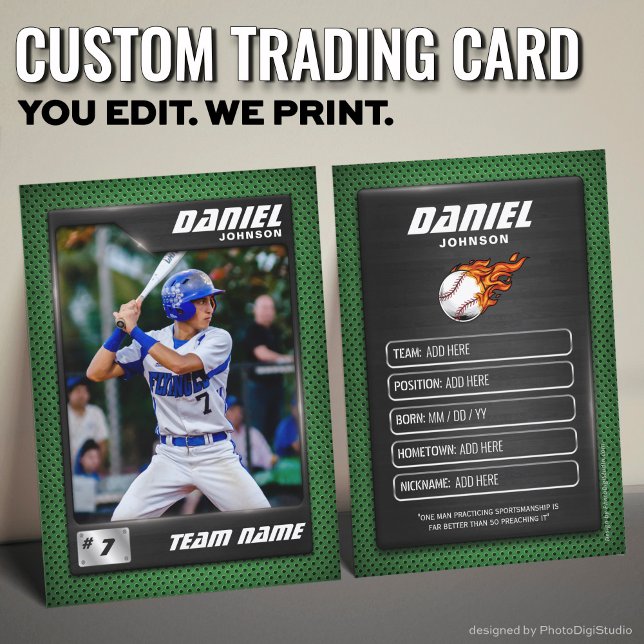 Silver Green Baseball Trading Card Baseball Player Telefonnummerkarte (Custom Baseball Trading Card, Modern Green Player Card)