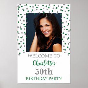 Silver Green Birthday Party Custom 12x18 Foto Poster