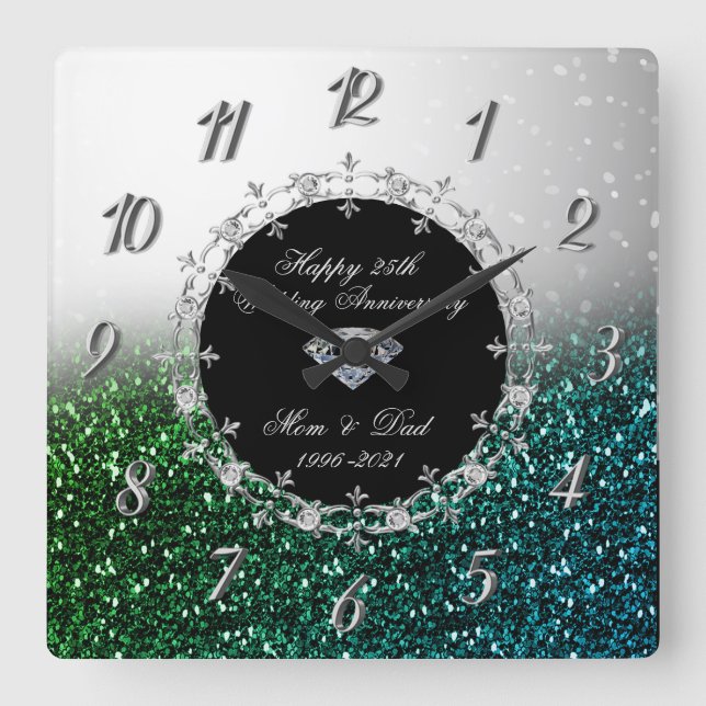 Silver Green Glittery 25. Hochzeitstag Quadratische Wanduhr (Vorderseite)