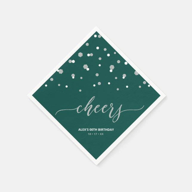 Silver Green Hexagon Confetti Cheers Custom Party Serviette (Ecke)