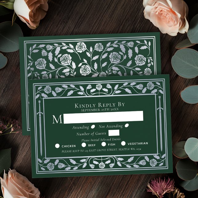 Silver Green Medieval Sword Wedding RSVP (Von Creator hochgeladen)